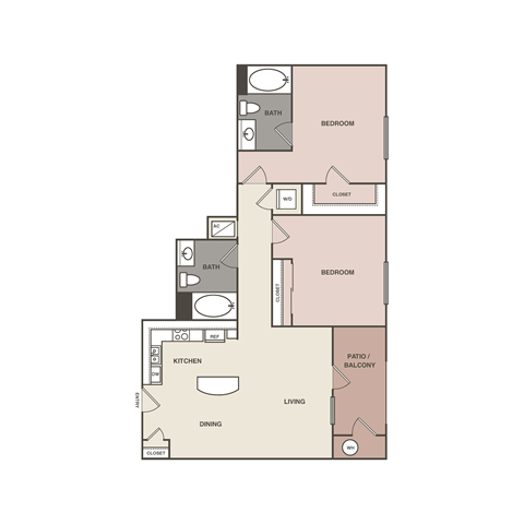 Floor plan for 2 beds, 2 baths, 1027 sqft